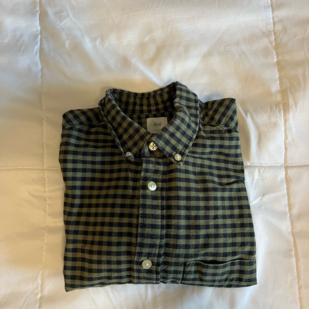 H&M Men's Olive and Black Checkered Shirt
